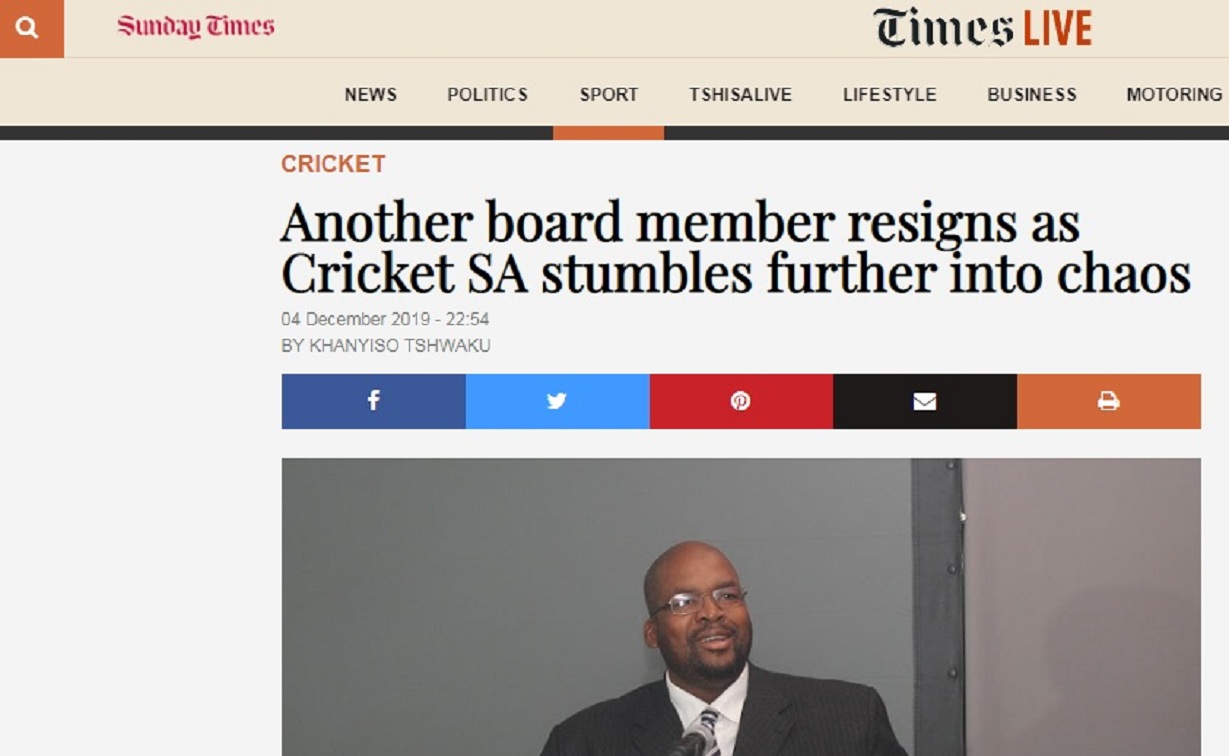 Another board member resigns as Cricket SA stumbles further into chaos