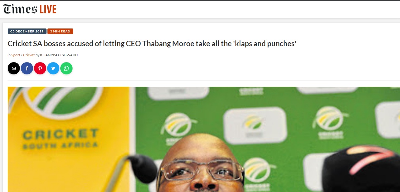 Cricket SA bosses accused of letting CEO Thabang Moroe take all the 'klaps and punches'