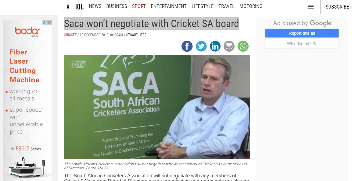 Saca won’t negotiate with Cricket SA board