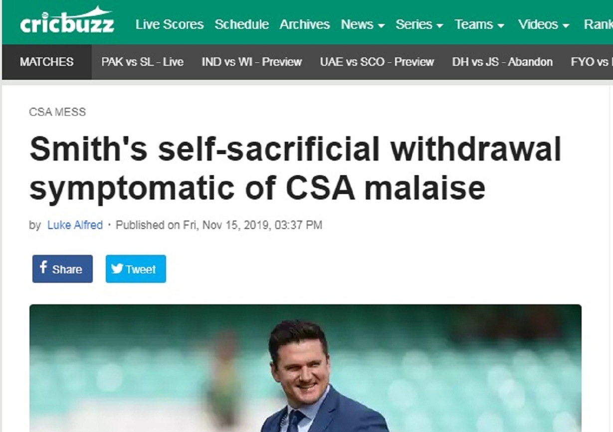 Smith's self-sacrificial withdrawal symptomatic of CSA malaise