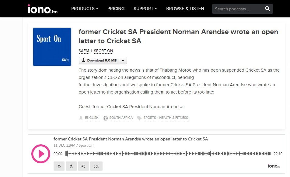 former Cricket SA President Norman Arendse wrote an open letter to Cricket SA