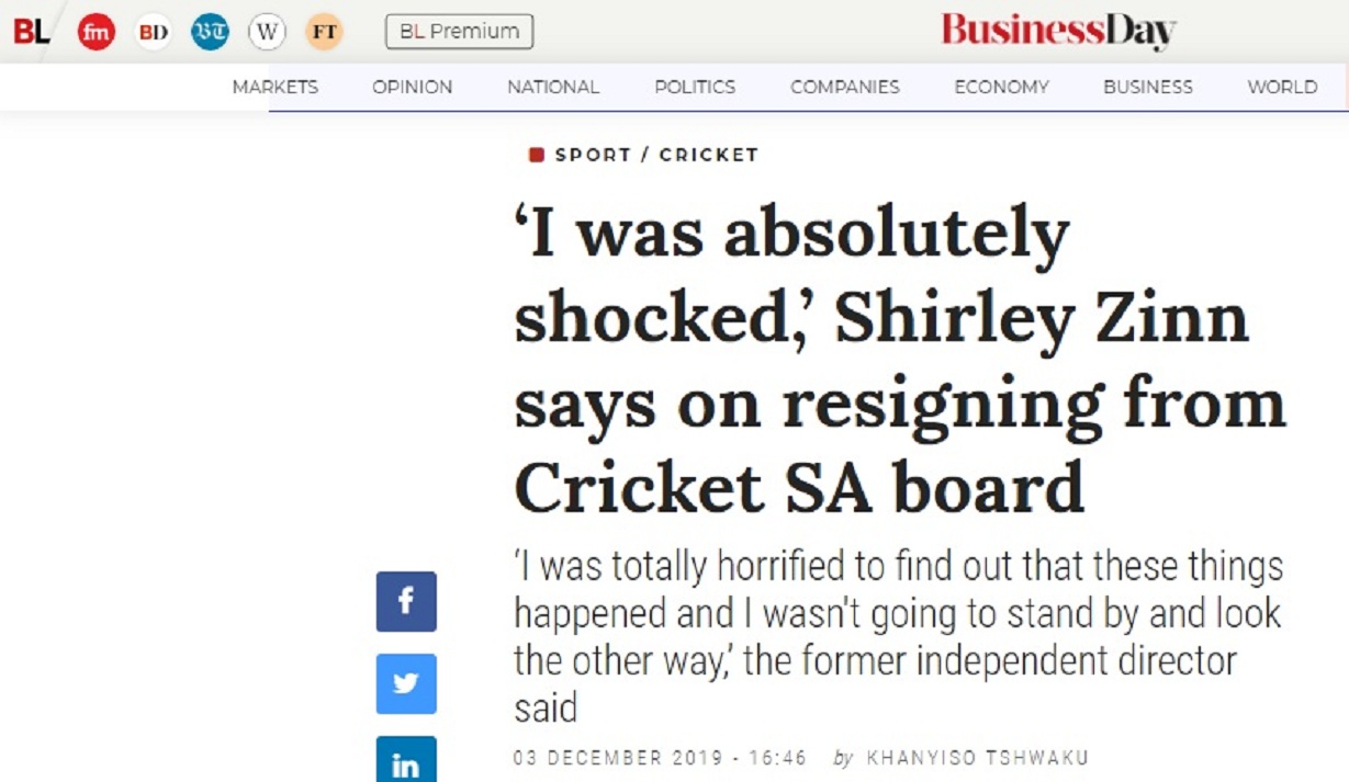 I was absolutely shocked,’ Shirley Zinn says on resigning from Cricket SA board