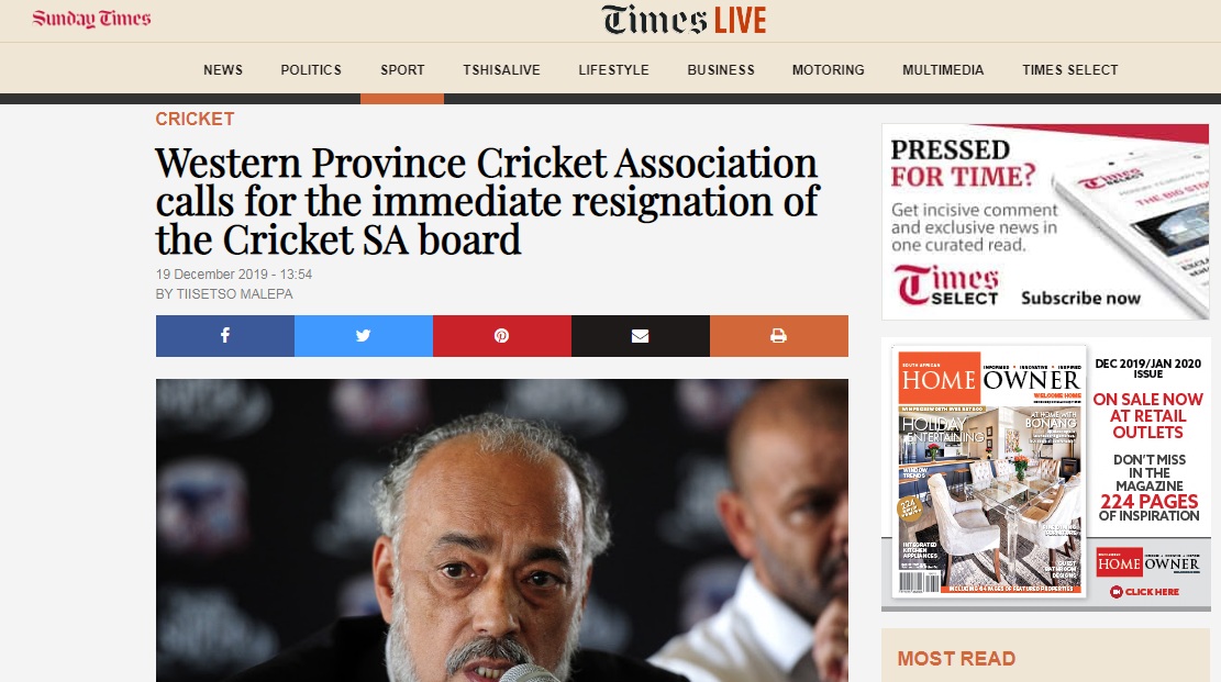 Western Province Cricket Association calls for the immediate resignation of the Cricket SA board